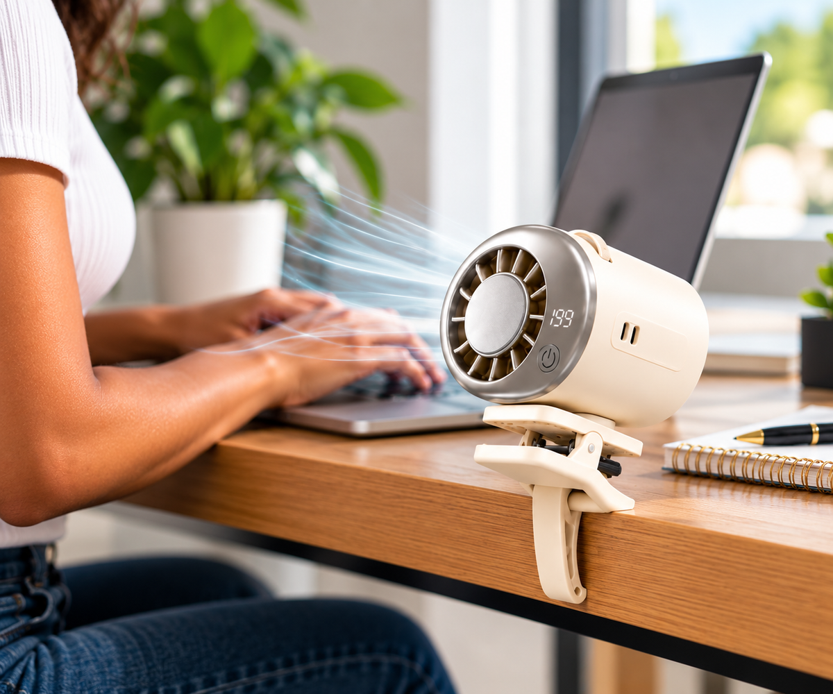 Koolio fan clipped beside a laptop on a desk